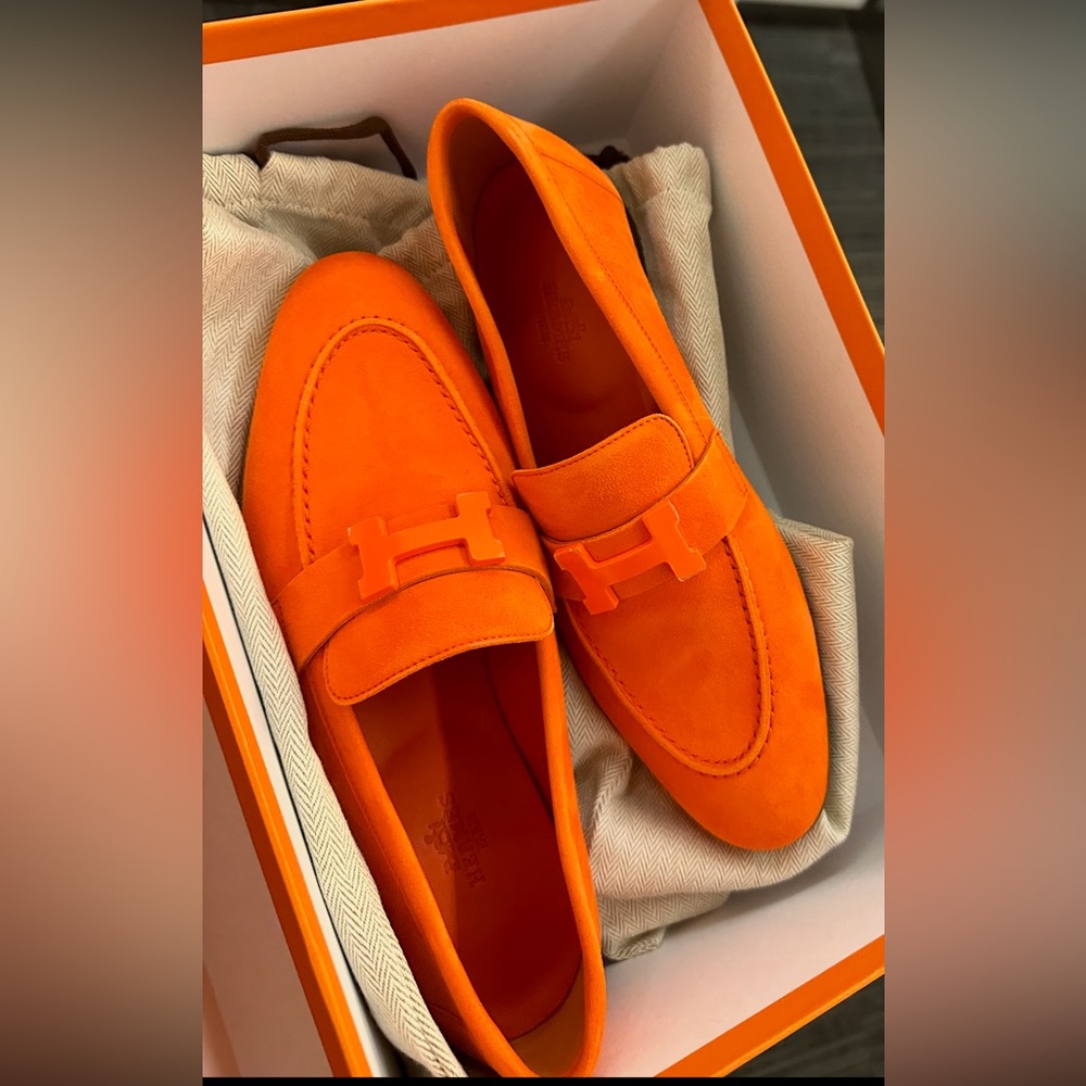 Hermes Orange Suede Moccasin Loafers - Picture 3 of 8